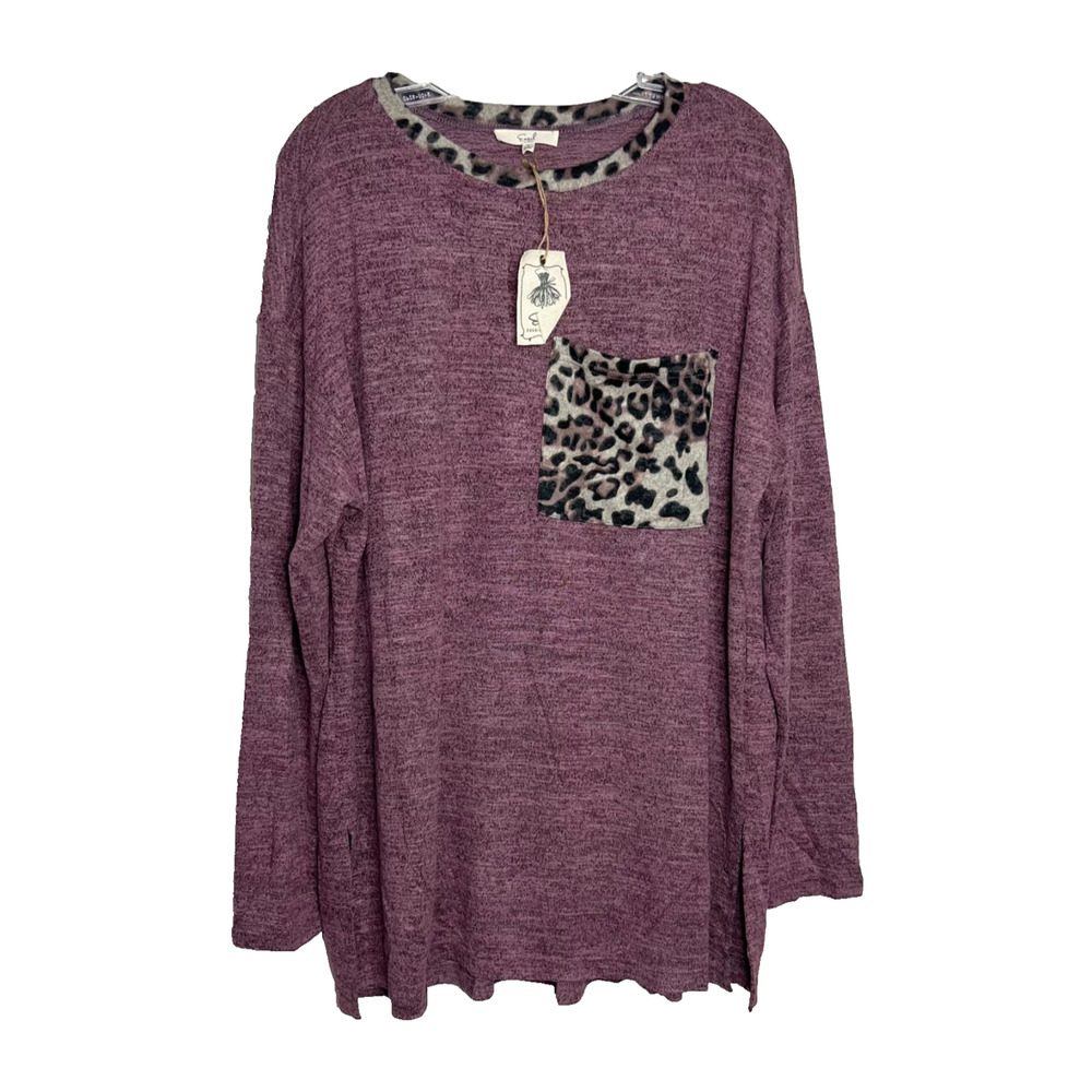 Easel Long Sleeve Hacci Tunic Top Mauve Leopard Pocket Shirred Back